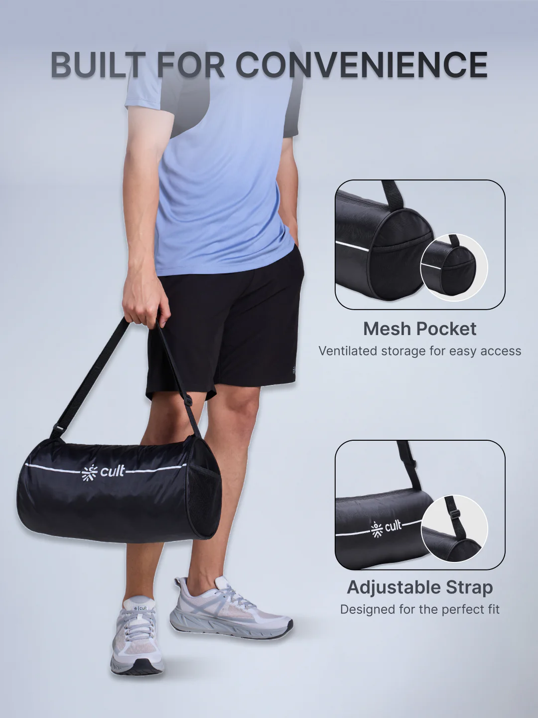 Compact 12L Gym Bag with Shoulder Strap & 500ml Shaker Bottle with Mixer Ball Black - Image 8