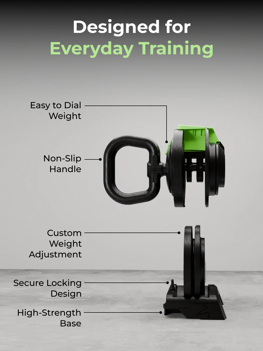 Cult 10Kg Adjustable Kettlebell | 12 Weight Options (1kg-10kg) | One-Hand 1-Second Dial | Compact & Durable Home Gym Kettlebell - Black - Image 2