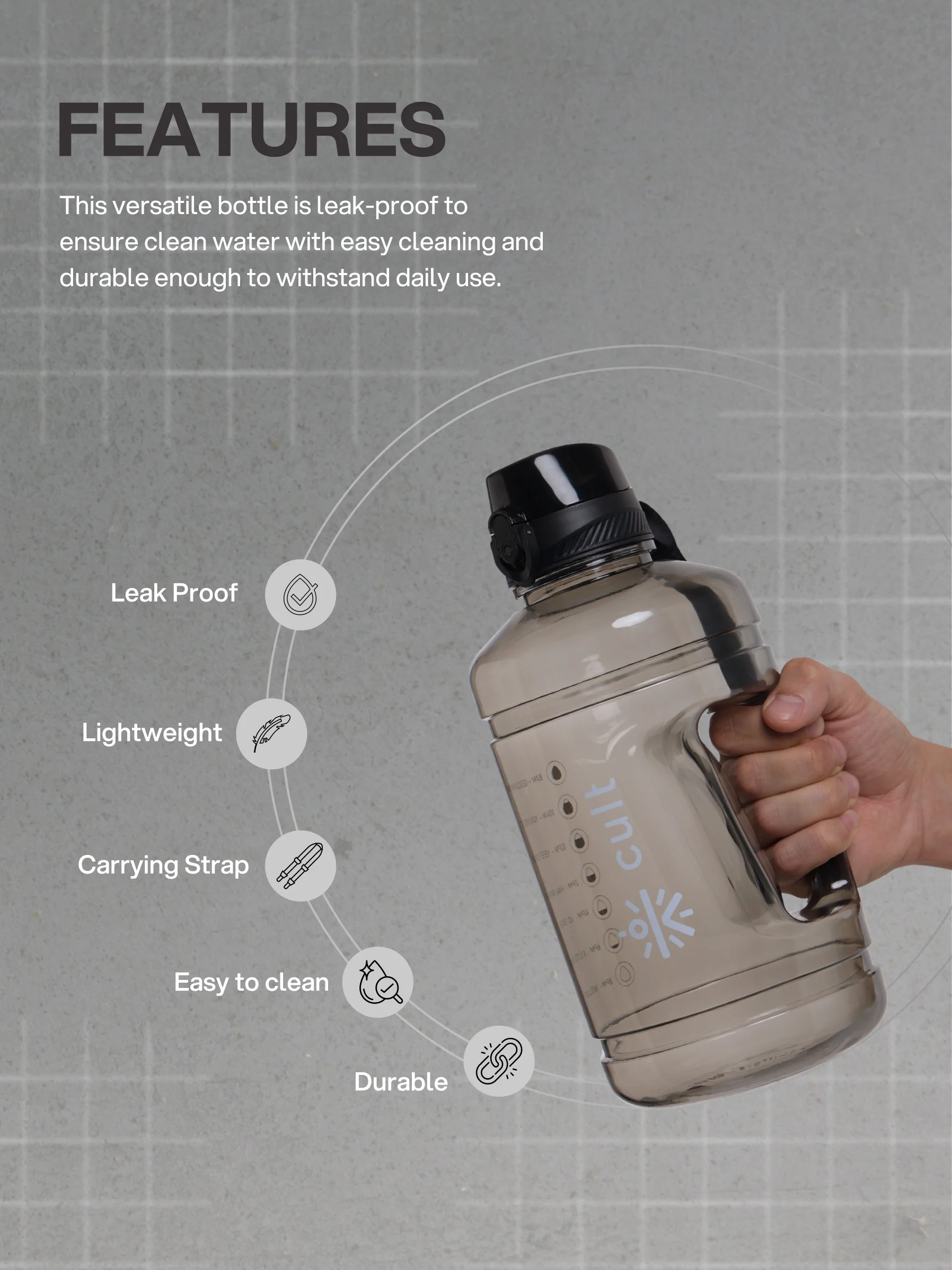 cult 2.2 Litre Water Bottle Gym Gallon Water Bottle Gym Bottles For Men & Women Big Water Bottle Sports Water Bottle Plastic Water Bottle Black - Image 4