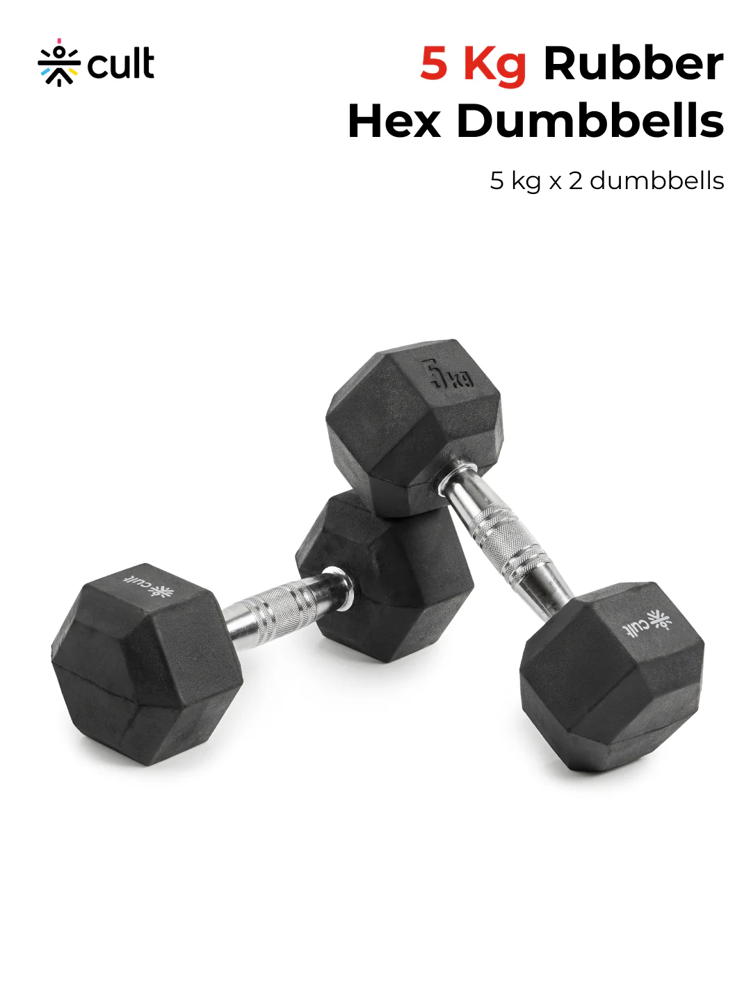 Cult 5Kg Hex Dumbbells For Home & Gym Exercises, Set of 2, (Black) - Image 2