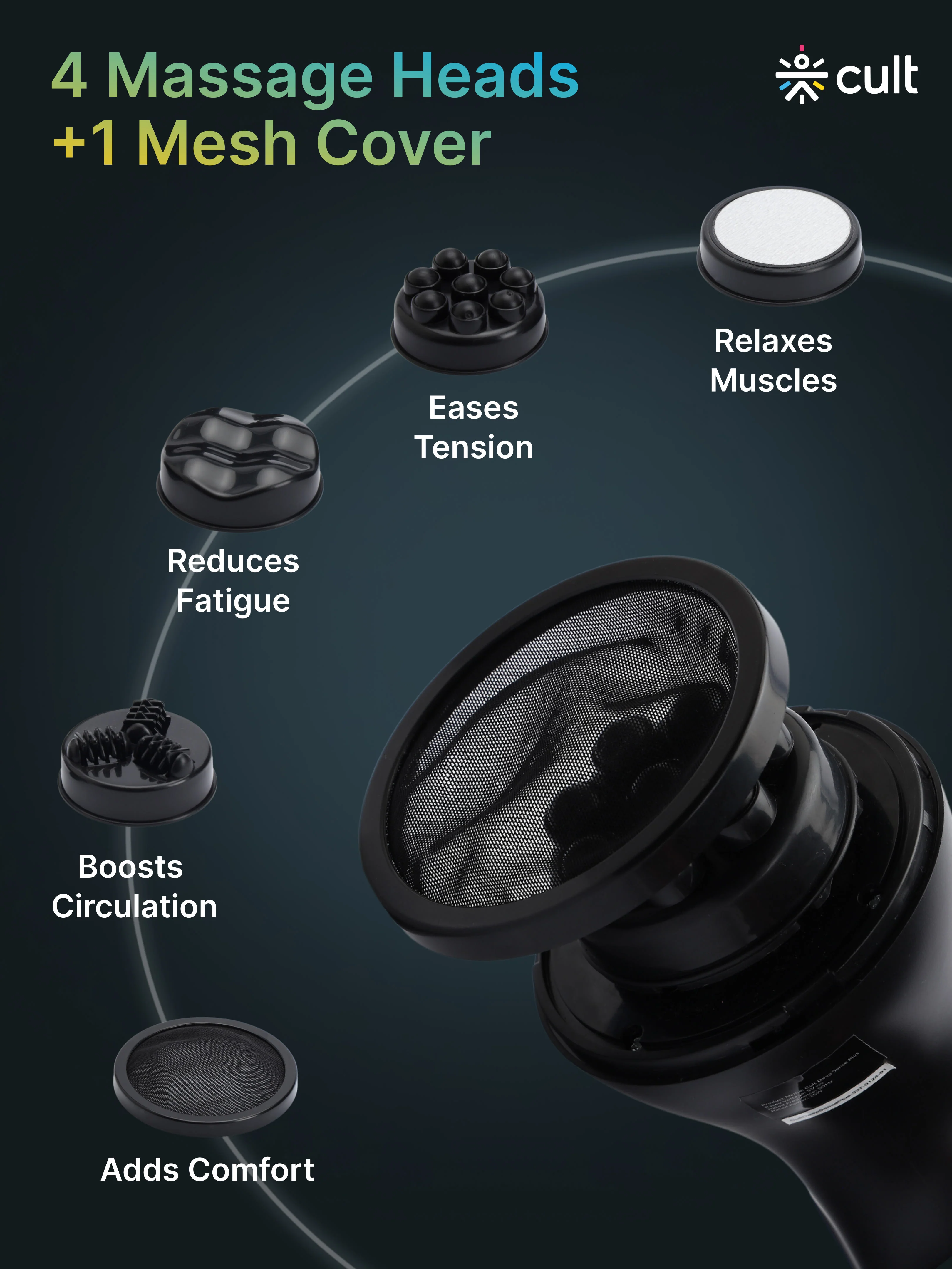 Cult Deep Sense Plus Cordless Electric Hammer Full Body Massager with 4 Interchangeable Heads +1 Protective Mesh Cover and Adjustable Speed Settings for Pain Relief and Relaxation. - Image 4