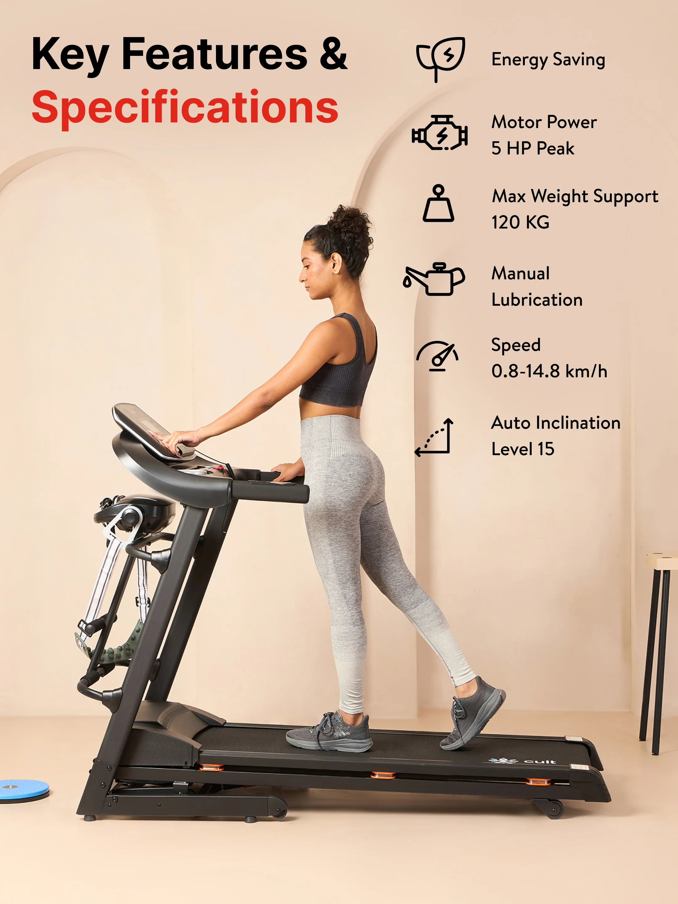 CultRunM4Auto 5 HP Peak Treadmill | 15-level Auto-Incline & Massager | Max Weight-120kg | Max Speed-14.8kmph (with 6 Months Extended Warranty) - Image 2
