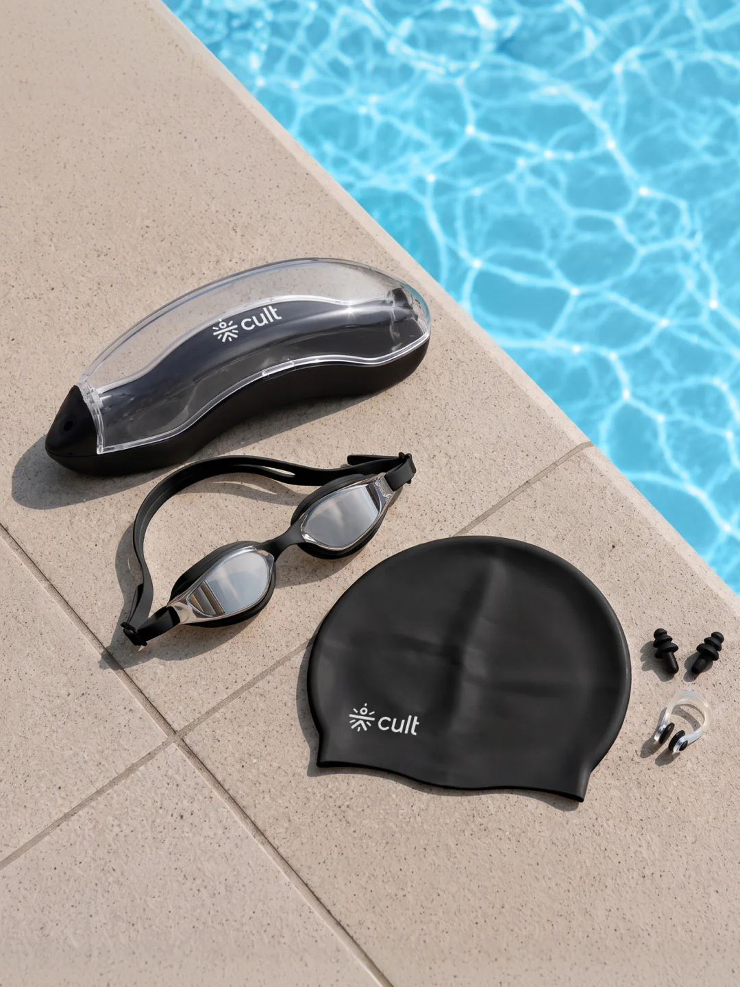 Cult Premium Swimming Kit, Anti-Fog Goggles, Silicone Swim Cap, Nose Clip, Ear Plugs & Premium Carry Box, Black