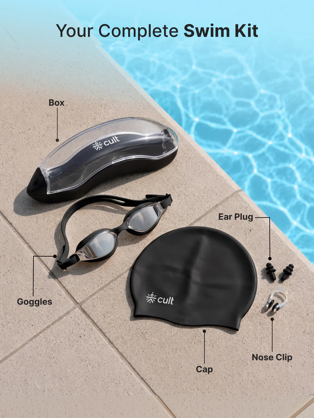 Cult Premium Swimming Kit, Anti-Fog Goggles, Silicone Swim Cap, Nose Clip, Ear Plugs & Premium Carry Box, Black - Image 3