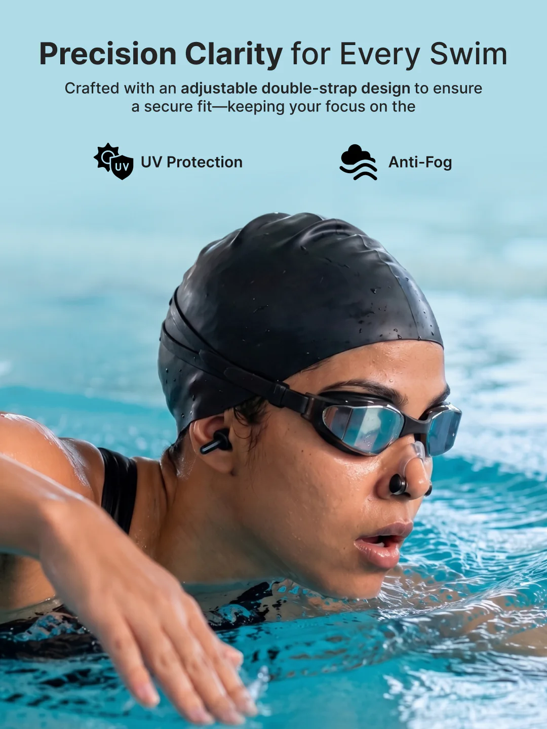 Cult Premium Swimming Kit, Anti-Fog Goggles, Silicone Swim Cap, Nose Clip, Ear Plugs & Premium Carry Box, Black - Image 4