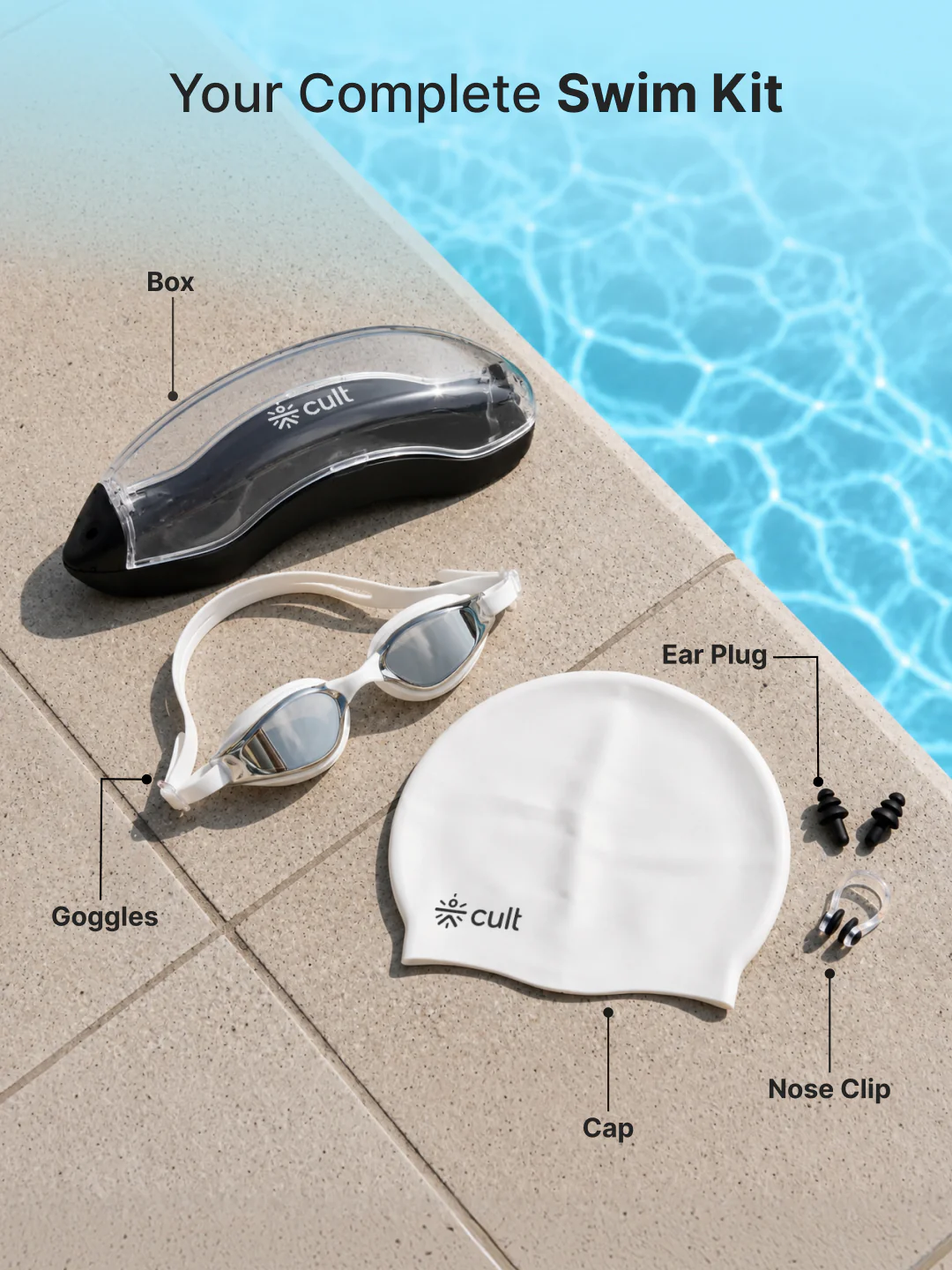 Cult Premium Swimming Kit, Anti-Fog Goggles, Silicone Swim Cap, Nose Clip, Ear Plugs & Premium Carry Box, White - Image 3