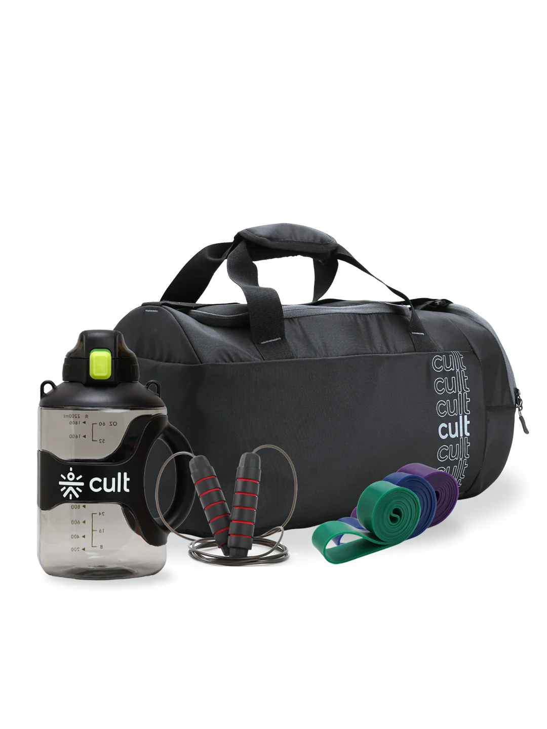 Cult Premium Training Start Kit with Resistance Band set of 3, Skipping Rope Red, Gallon Bottle 2.2 L Black & Duffle bag 35 L
