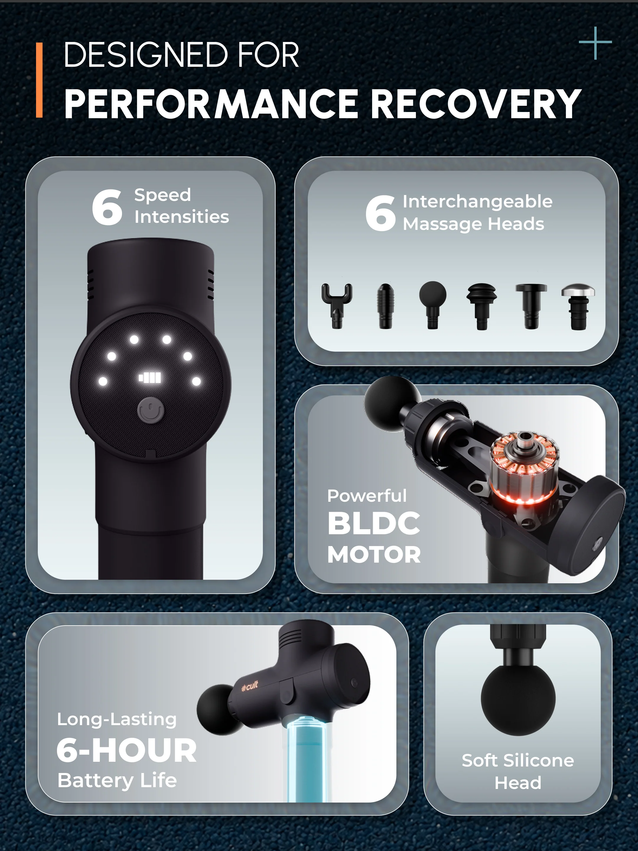 Cult TORQ X Massage Gun for Deep Tissue Muscle Recovery | BLDC Motor, 10mm Amplitude, 6 Speed Levels, 6 Massage Heads, 6-Hour Battery | Pain Relief Massager for Hybrid Athletes, Runners & Fitness Enthusiasts, Blue - Image 2