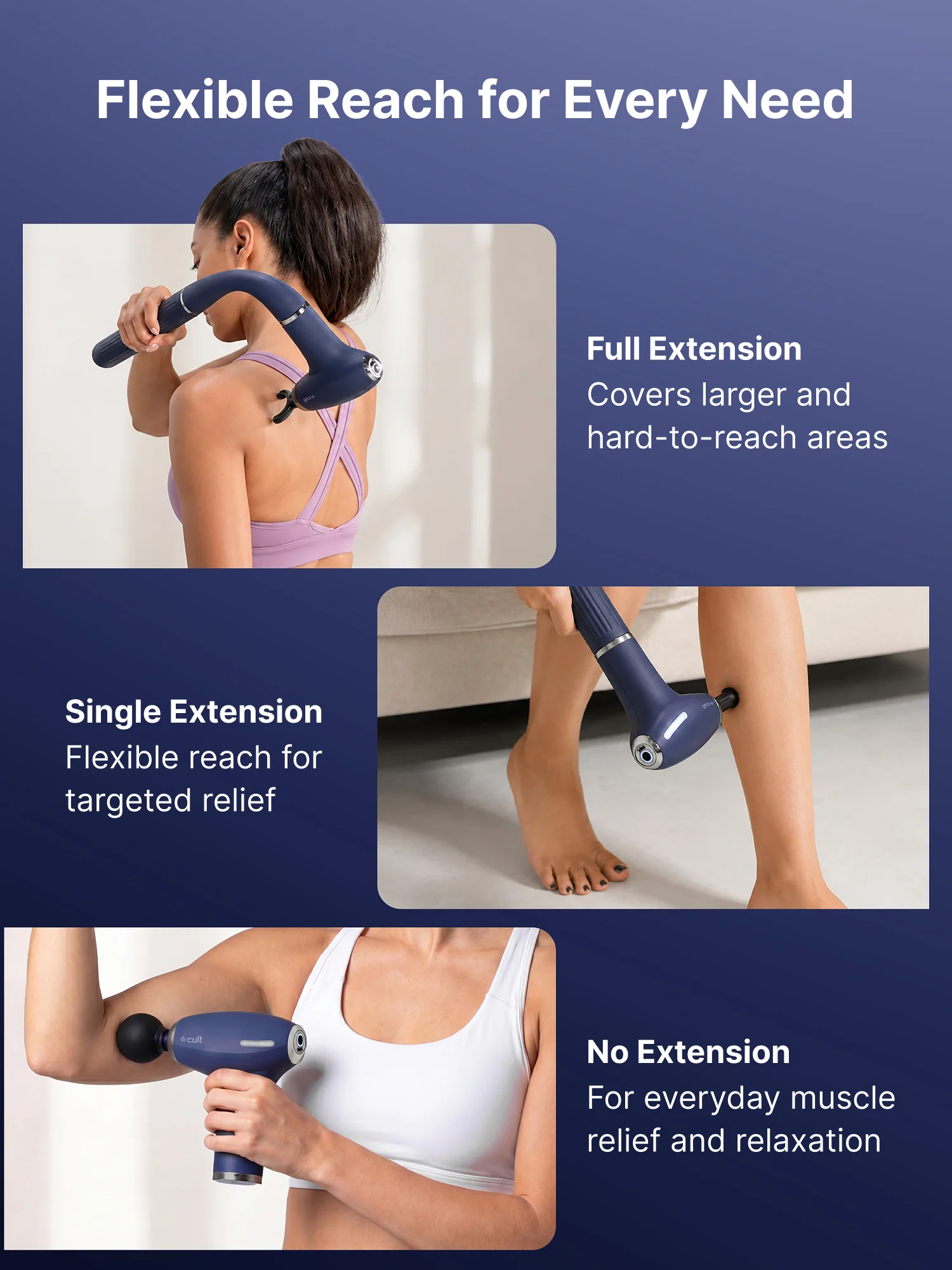 Cult XTND Massage Gun for Full-Body Muscle Relief, 3-in-1 Extension for Easy Back & Full-Body Massage, 35W Motor, 6 Speed Levels, 4 Massage Heads, Pain Relief Massager for Back, Shoulders, Legs & Everyday Recovery, Blue - Image 6