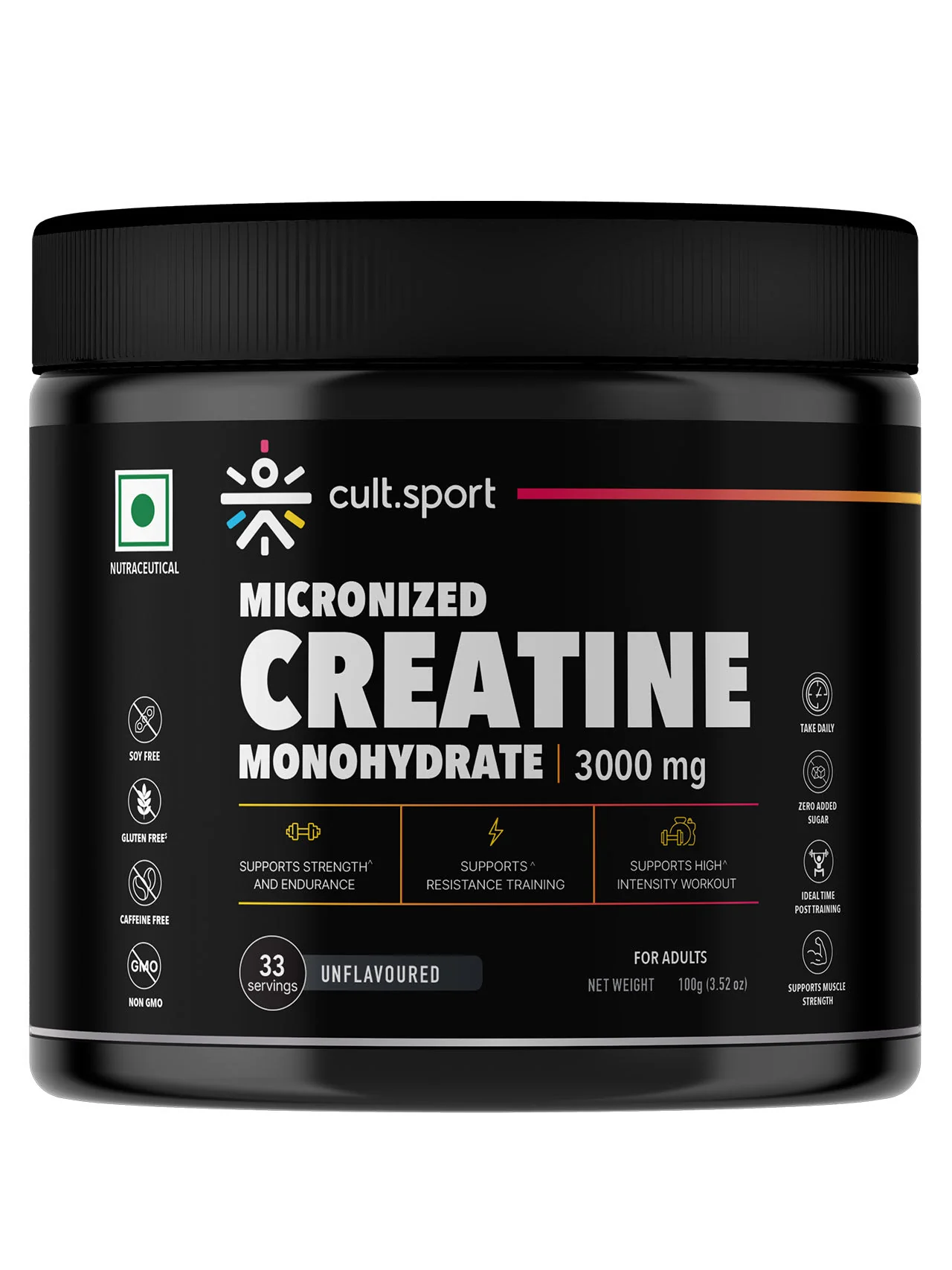 Cultsport Creatine Monohydrate 100 g | Micronised | 100% Vegetarian | Unflavoured | Dairy-Free | Gluten-Free
