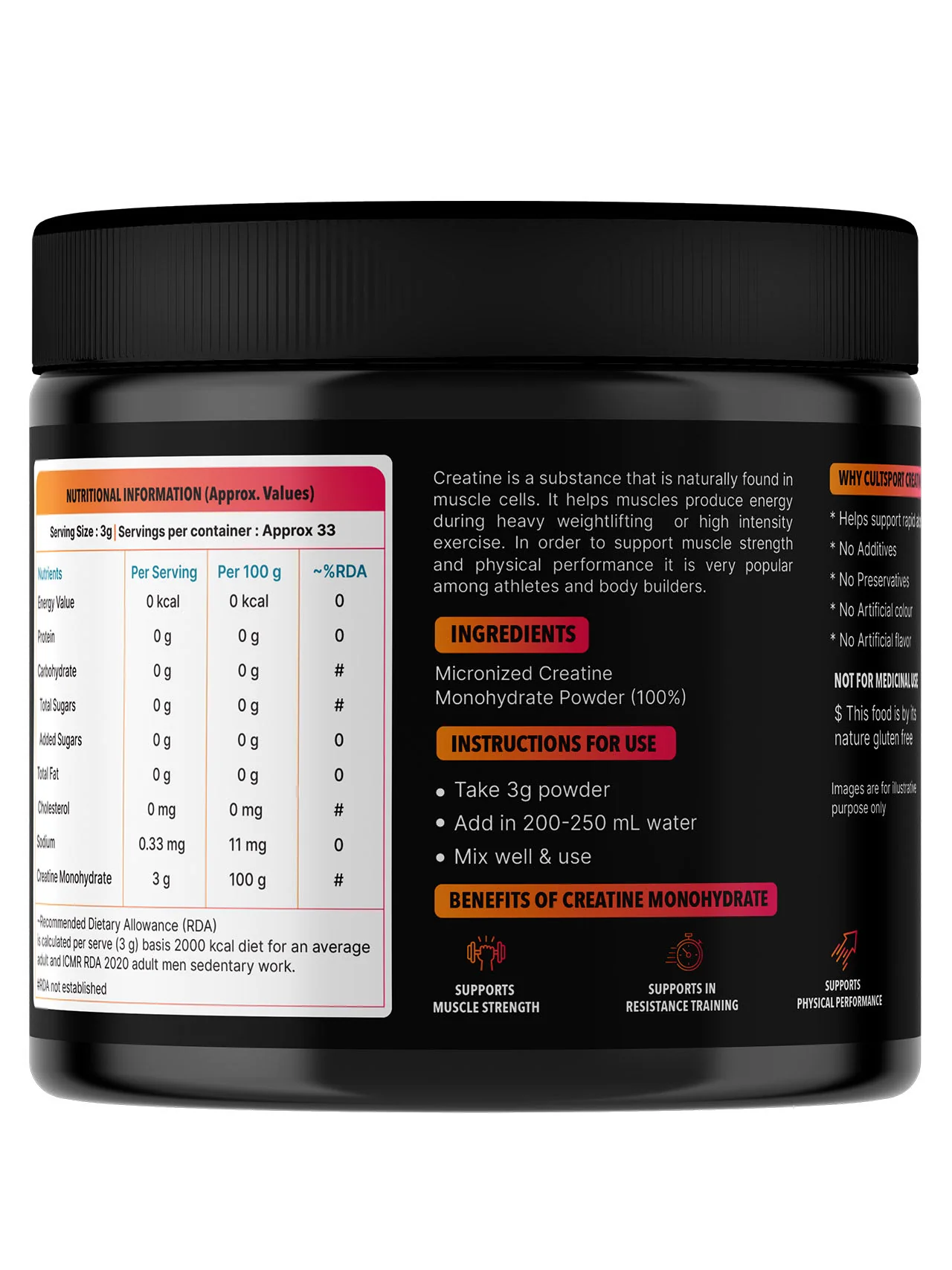 Cultsport Creatine Monohydrate 100 g | Micronised | 100% Vegetarian | Unflavoured | Dairy-Free | Gluten-Free - Image 3