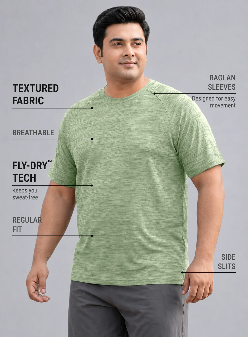 Men's Green Textured Performance Plus Size T-shirt - Image 5