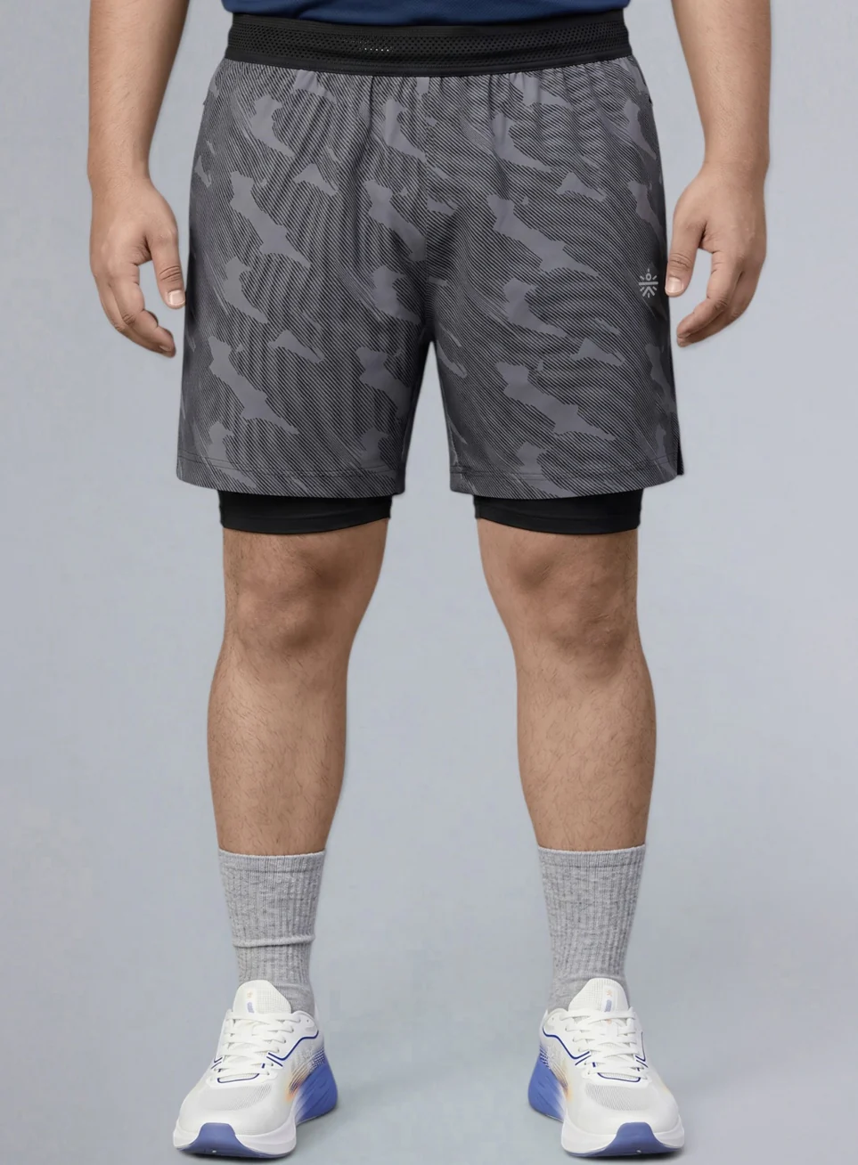 Men's Grey Urban Camo Plus Size Shorts with In-Buit Tights - Image 4