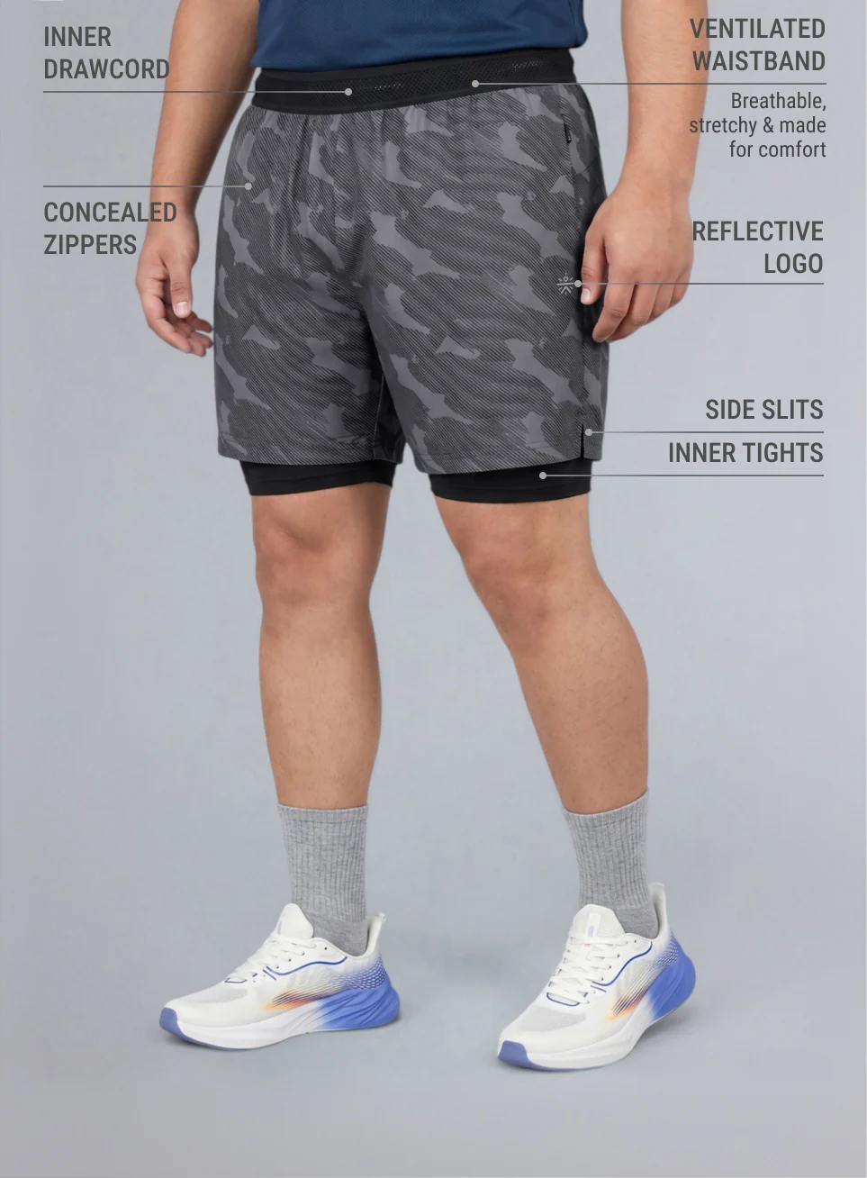 Men's Grey Urban Camo Plus Size Shorts with In-Buit Tights - Image 5