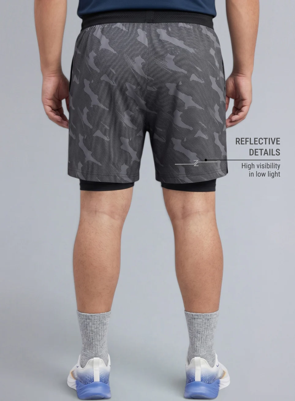 Men's Grey Urban Camo Plus Size Shorts with In-Buit Tights - Image 6