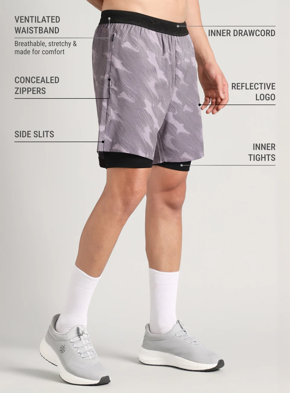 Men's Grey Urban Camo Shorts with Inbuilt Tights - Image 5