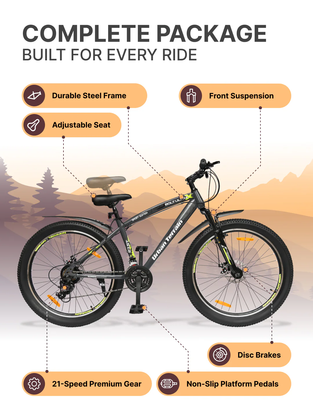 Bolt Ultra Mountain Bike Steel 21 Speed Cycle 27.5 inch Tyre, Grey With Front Suspension, Double Wall Rim and Dual Disc Brakes, Ideal For 5.2 ft to 6 ft - Image 3
