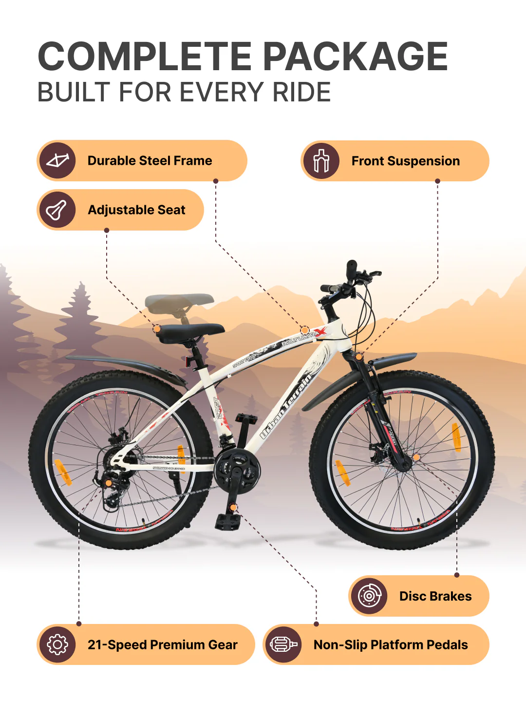 Bolt Ultra Mountain Bike Steel 21 Speed Cycle 27.5 inch Tyre, White With Front Suspension, Double Wall Rim and Dual Disc Brakes, Ideal For 5.2 ft to 6 ft - Image 3