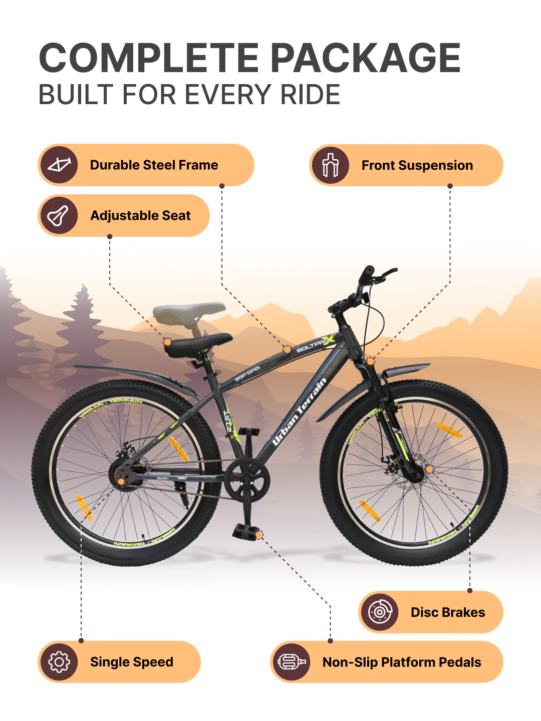 Bolt Pro Mountain Bike Steel Single Speed 27.5 inch Tyre with Dual Disc Brakes, Front Suspension, Double Wall Alloy Rim, Grey - Image 3