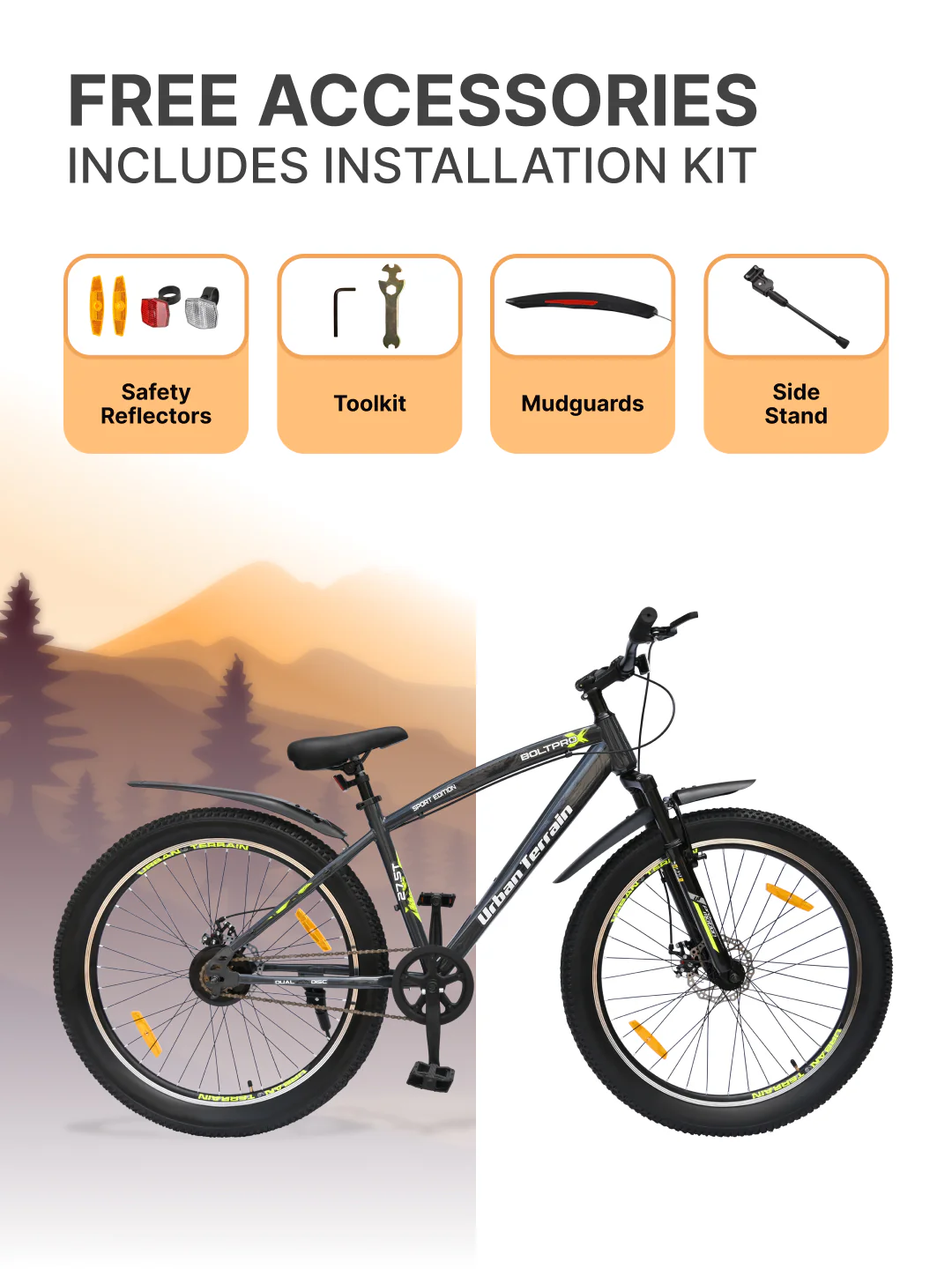 Bolt Pro Mountain Bike Steel Single Speed 27.5 inch Tyre with Dual Disc Brakes, Front Suspension, Double Wall Alloy Rim, Grey - Image 7