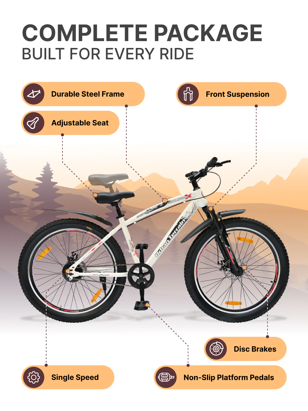 Bolt Pro Mountain Bike Steel Single Speed 27.5 inch Tyre with Dual Disc Brakes, Front Suspension, Double Wall Alloy Rim, White - Image 3