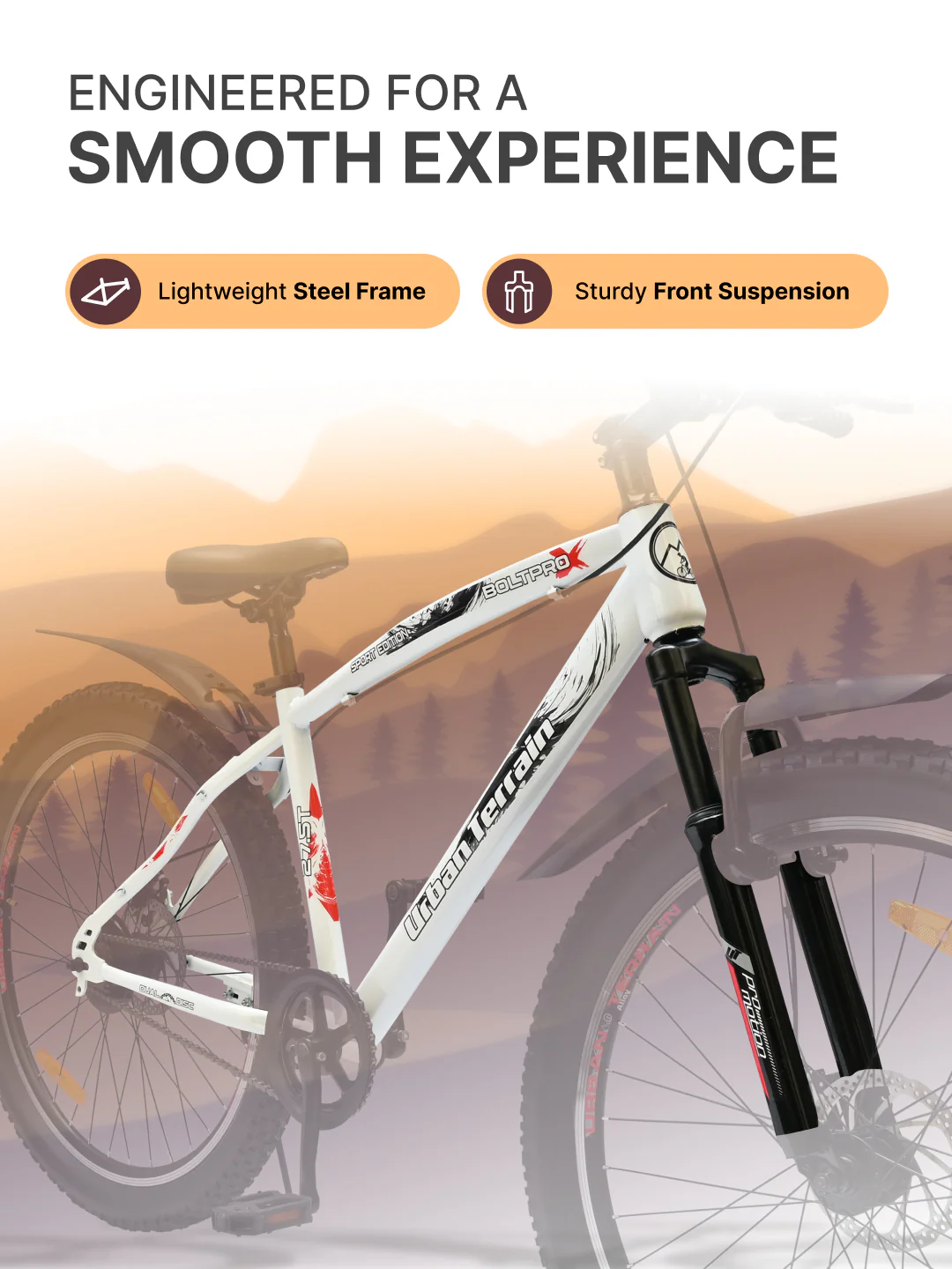 Bolt Pro Mountain Bike Steel Single Speed 27.5 inch Tyre with Dual Disc Brakes, Front Suspension, Double Wall Alloy Rim, White - Image 5