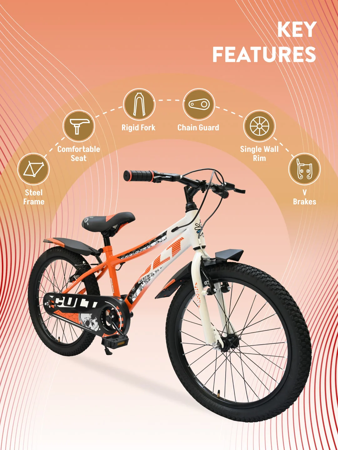 Throne 20T Steel Kids Bike with Rigid Fork, Single Wall Rim, V brakes and Chain Guard Orange White - Image 2