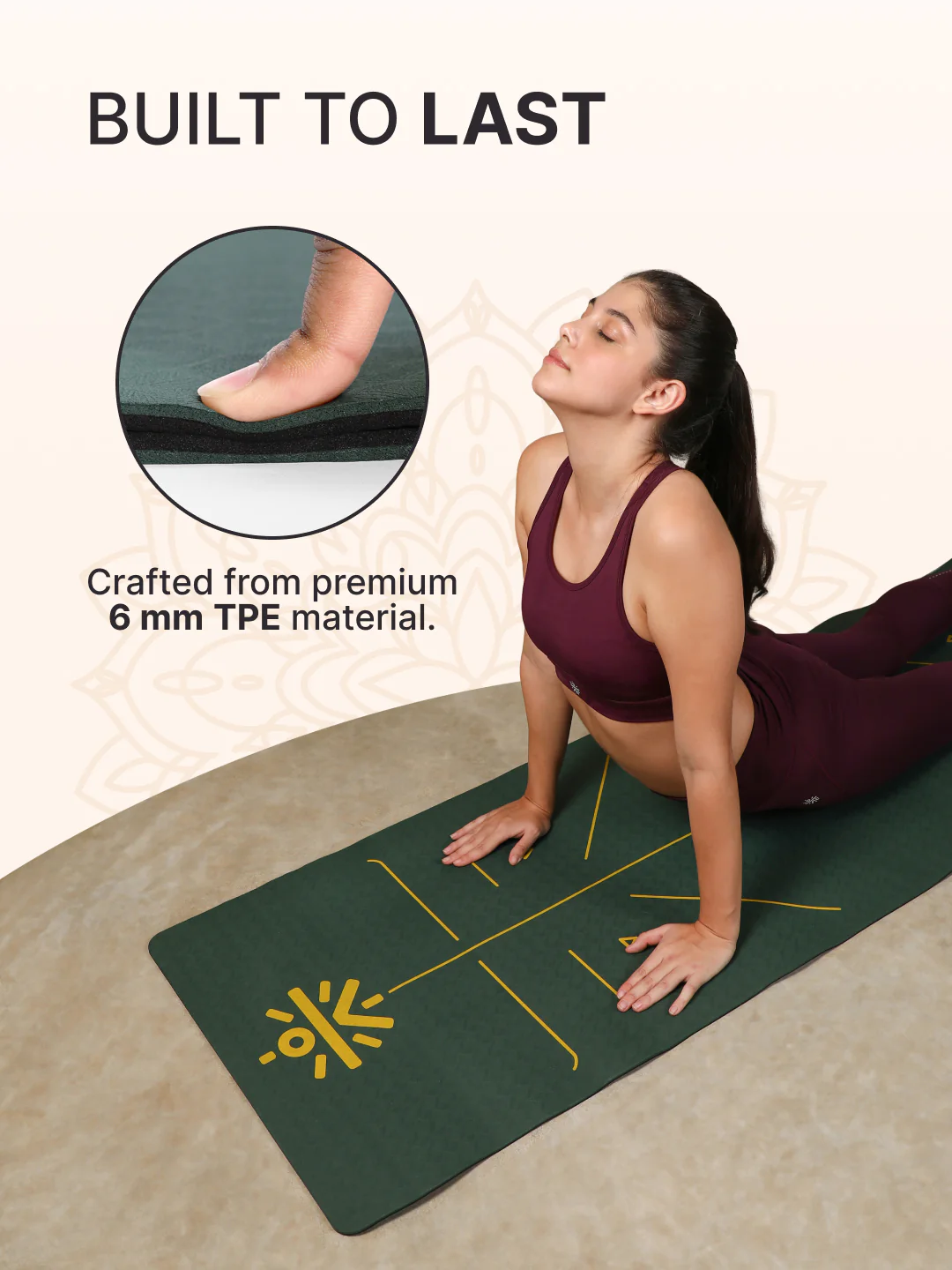 TPE Alignment 6mm Yoga Mat Green with Carry Strap & Yoga Wheel Green - Image 5