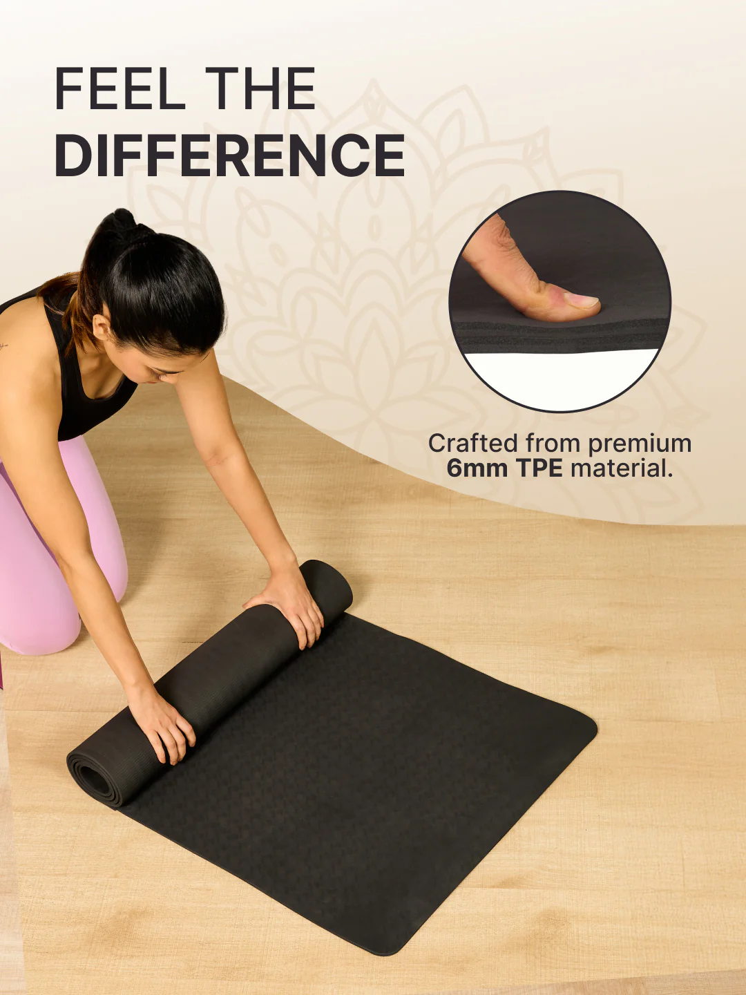 TPE 6mm Yoga Mat Black with Carry bag & Yoga Wheel Grey & Yoga Belt Black - Image 4