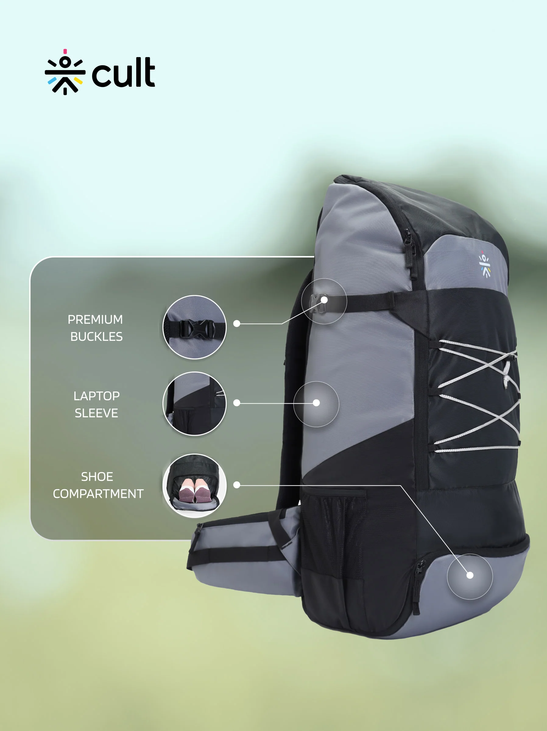 cult 65 Litre Travel Backpack Hiking Trekking Bag Camping Rucksack with Water Proof Rain Cover, Shoe Compartment Grey - Image 3