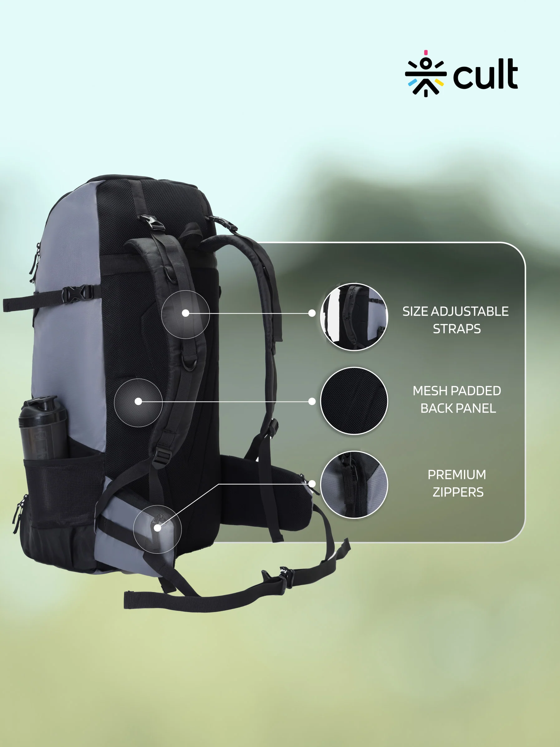 cult 65 Litre Travel Backpack Hiking Trekking Bag Camping Rucksack with Water Proof Rain Cover, Shoe Compartment Grey - Image 4