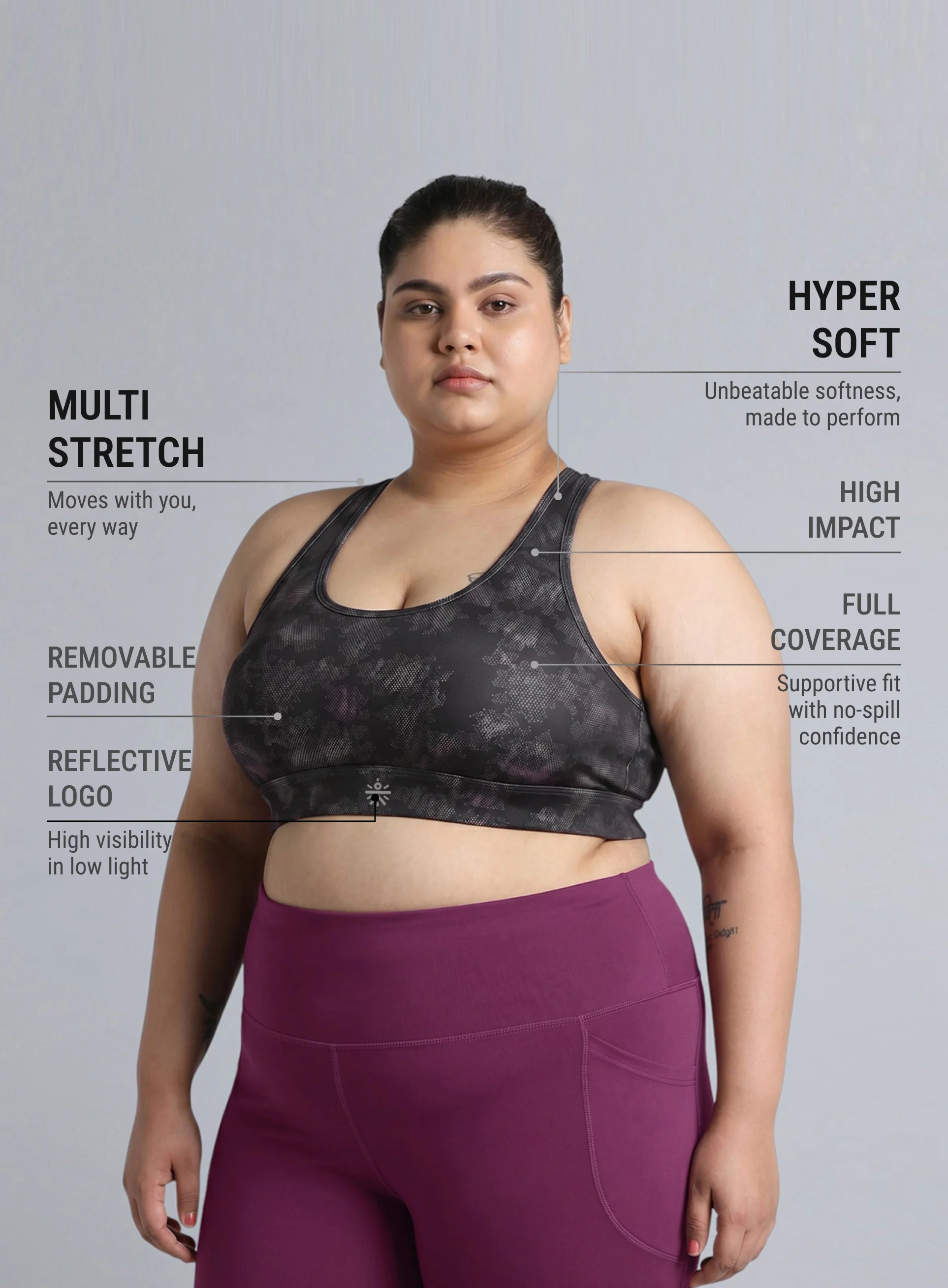 Women's Black Urban Camo Running High Support Plus Size Bra - Image 5