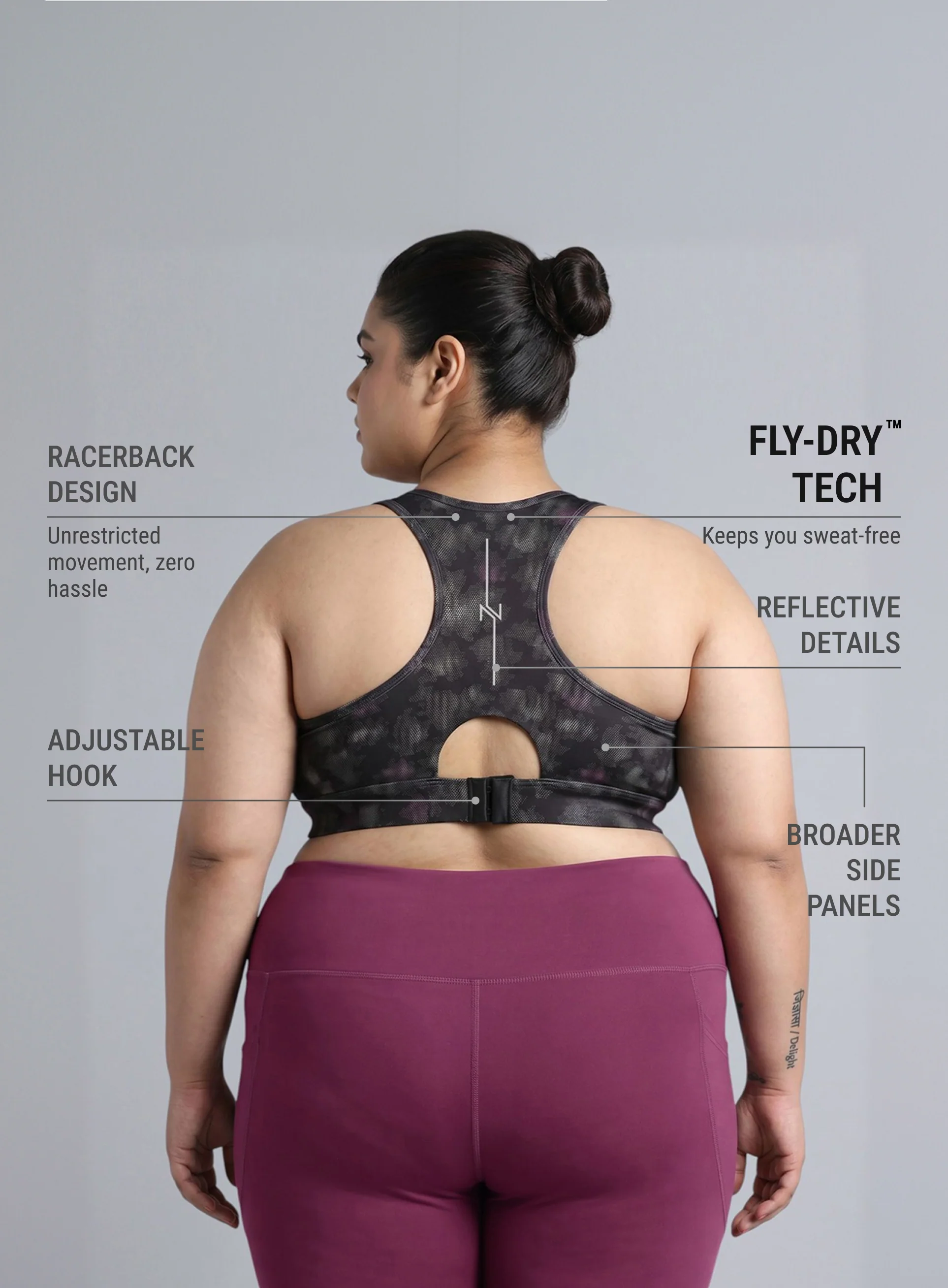 Women's Black Urban Camo Running High Support Plus Size Bra - Image 6