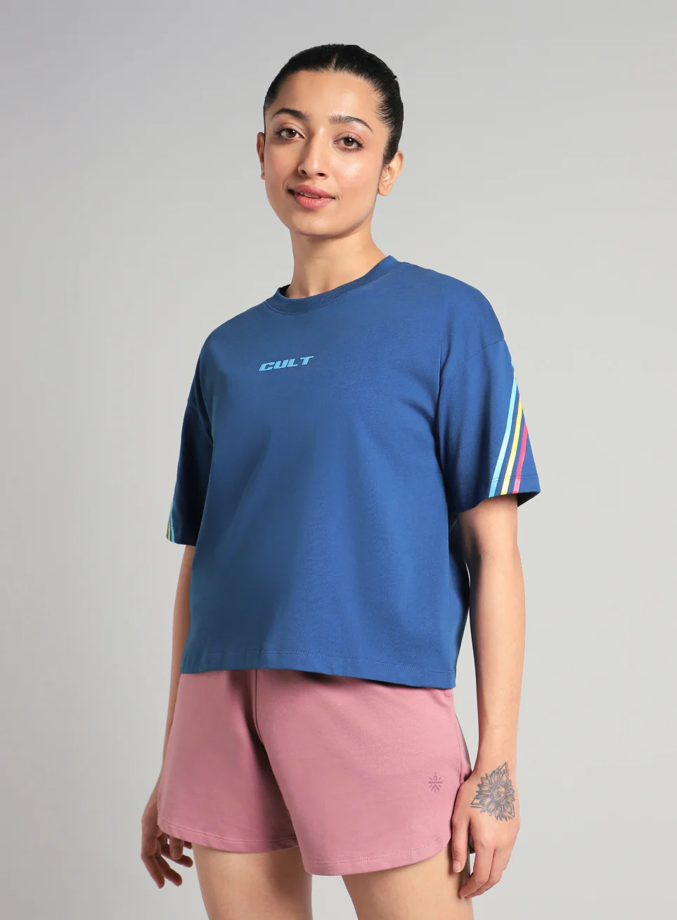 Women's Blue Cult Vibe Stripes Boxy Fit T-shirt