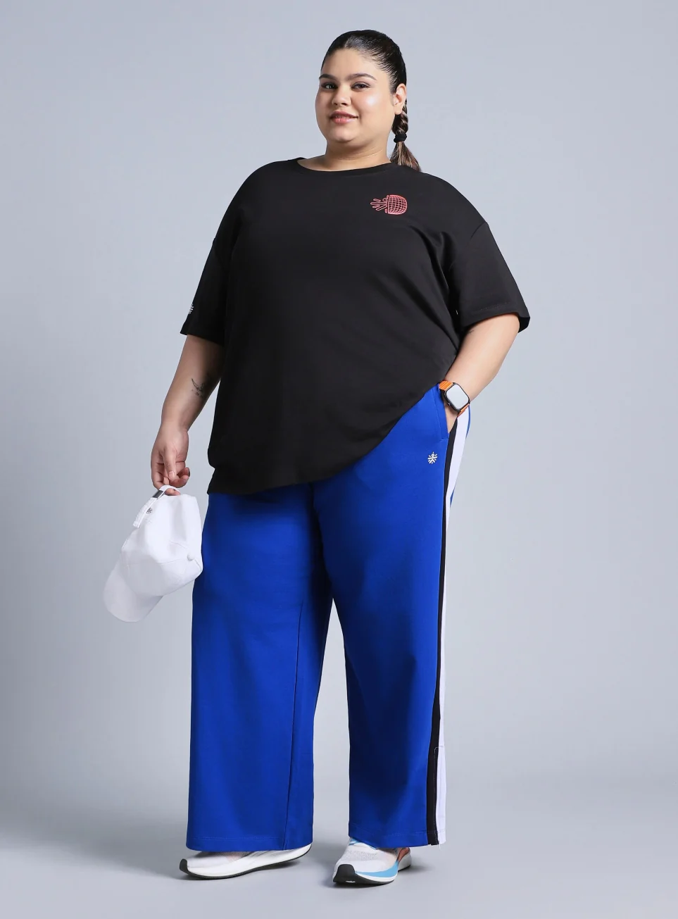 Women's Blue High Slit Straight Fit Plus Size Trackpants - Image 2