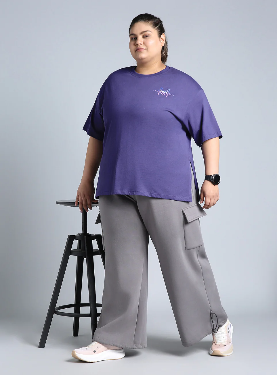 Women's Blue Printed Oversized Fit Plus Size T-shirt - Image 3