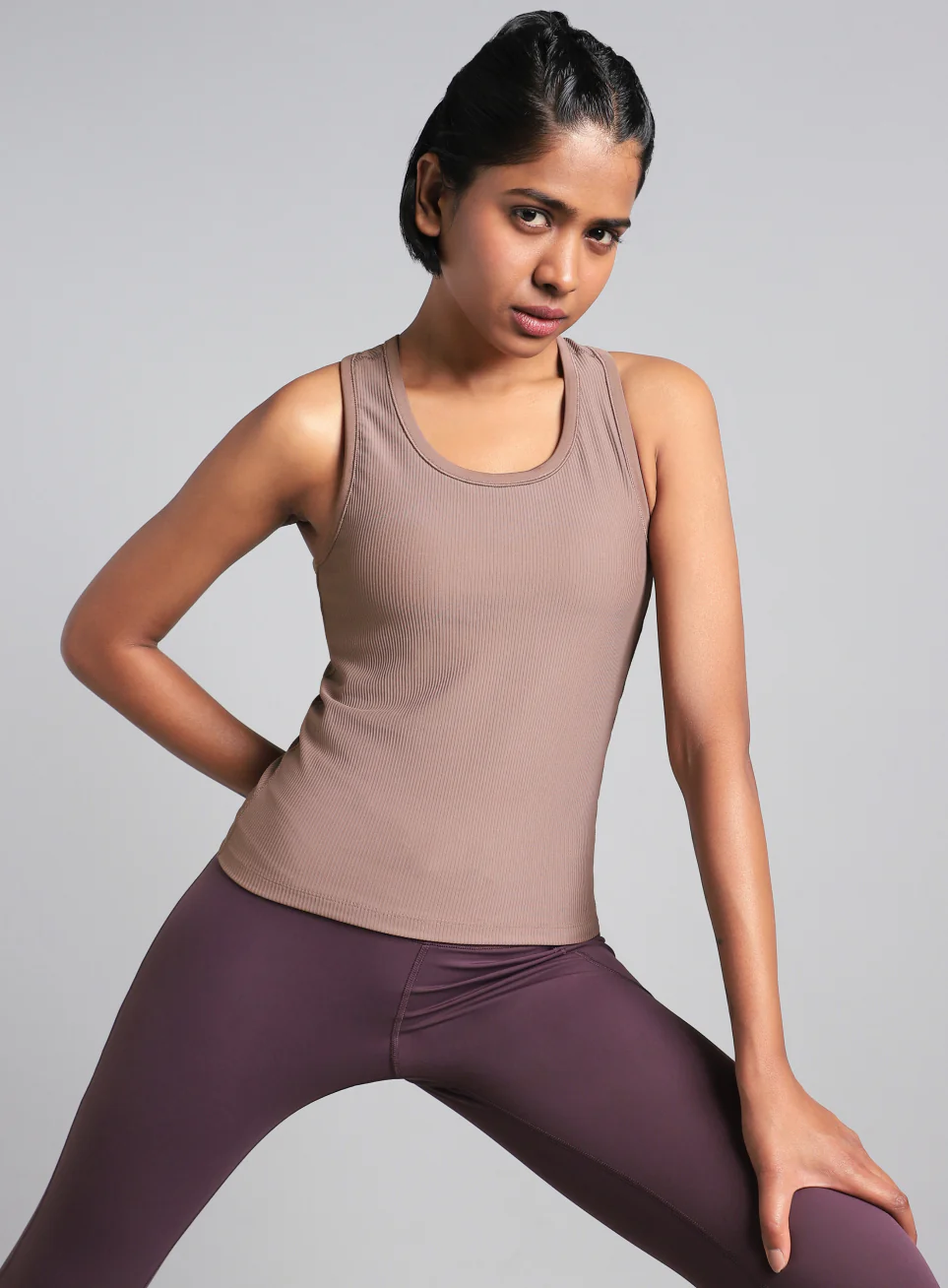 Women's Brown Run Built-In Tank Sports Bra