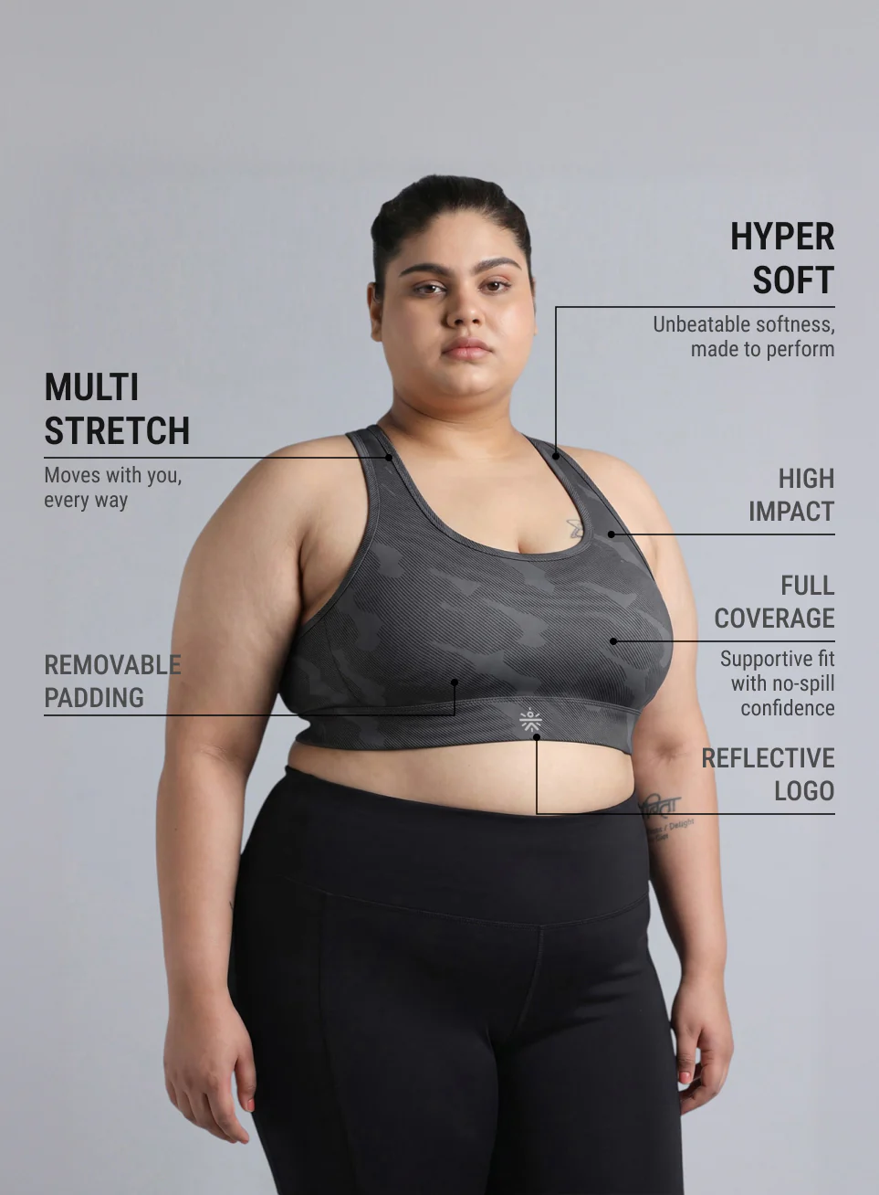 Women's Dark Grey Urban Camo Running High Support Plus Size Bra - Image 5