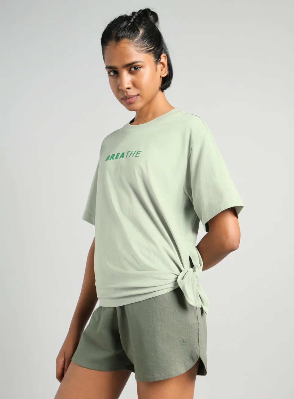 Women's Green Flow Side Tie Up Relaxed fit T-shirt