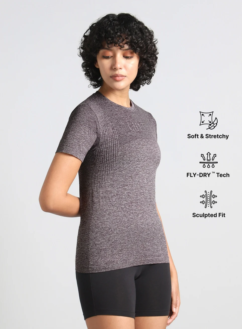 Women's Grey Contour Training Slim Fit Seamless T-shirt - Image 5
