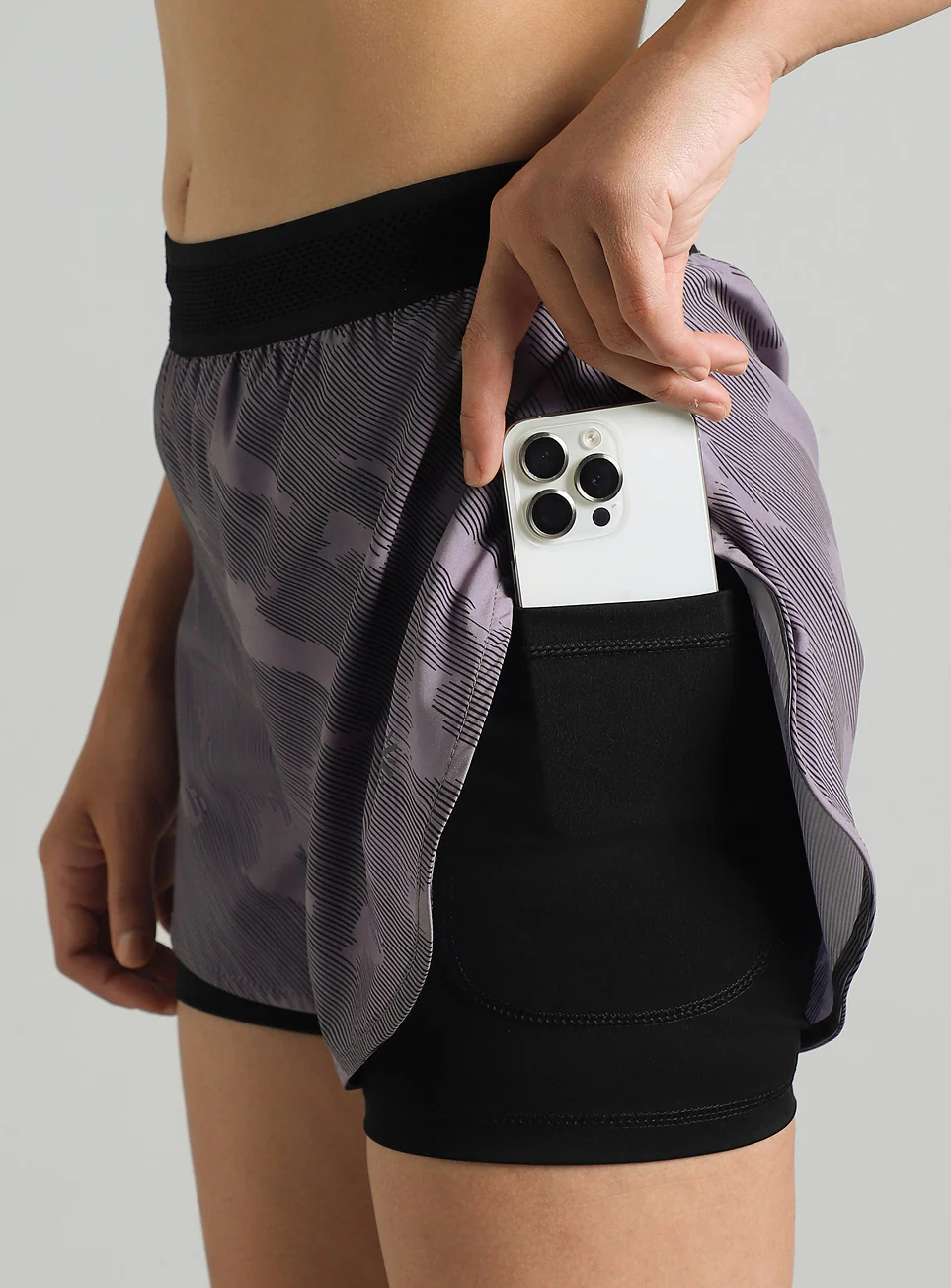 Women's Grey Urban Camo Shorts with Inbuilt Tights - Image 7