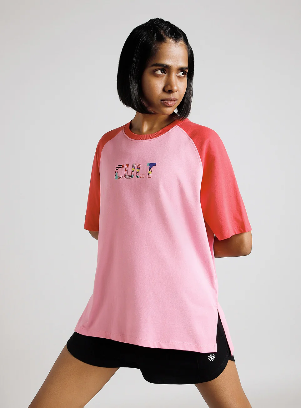 Women's Pink Retro Block Graphic Oversized T-shirt
