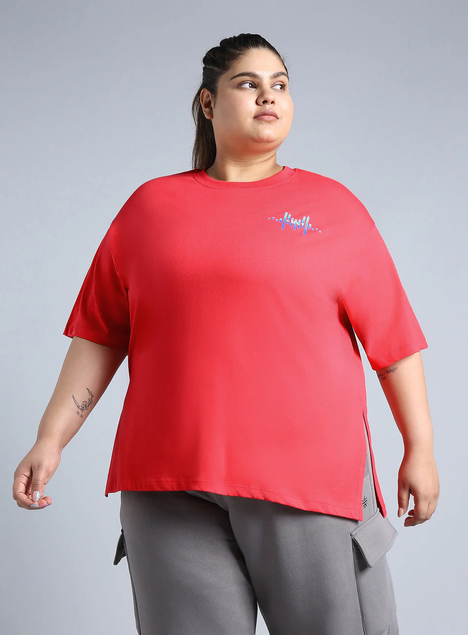 Women's Red Printed Oversized Fit Plus Size T-shirt
