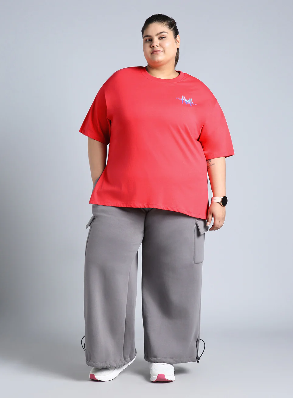 Women's Red Printed Oversized Fit Plus Size T-shirt - Image 2