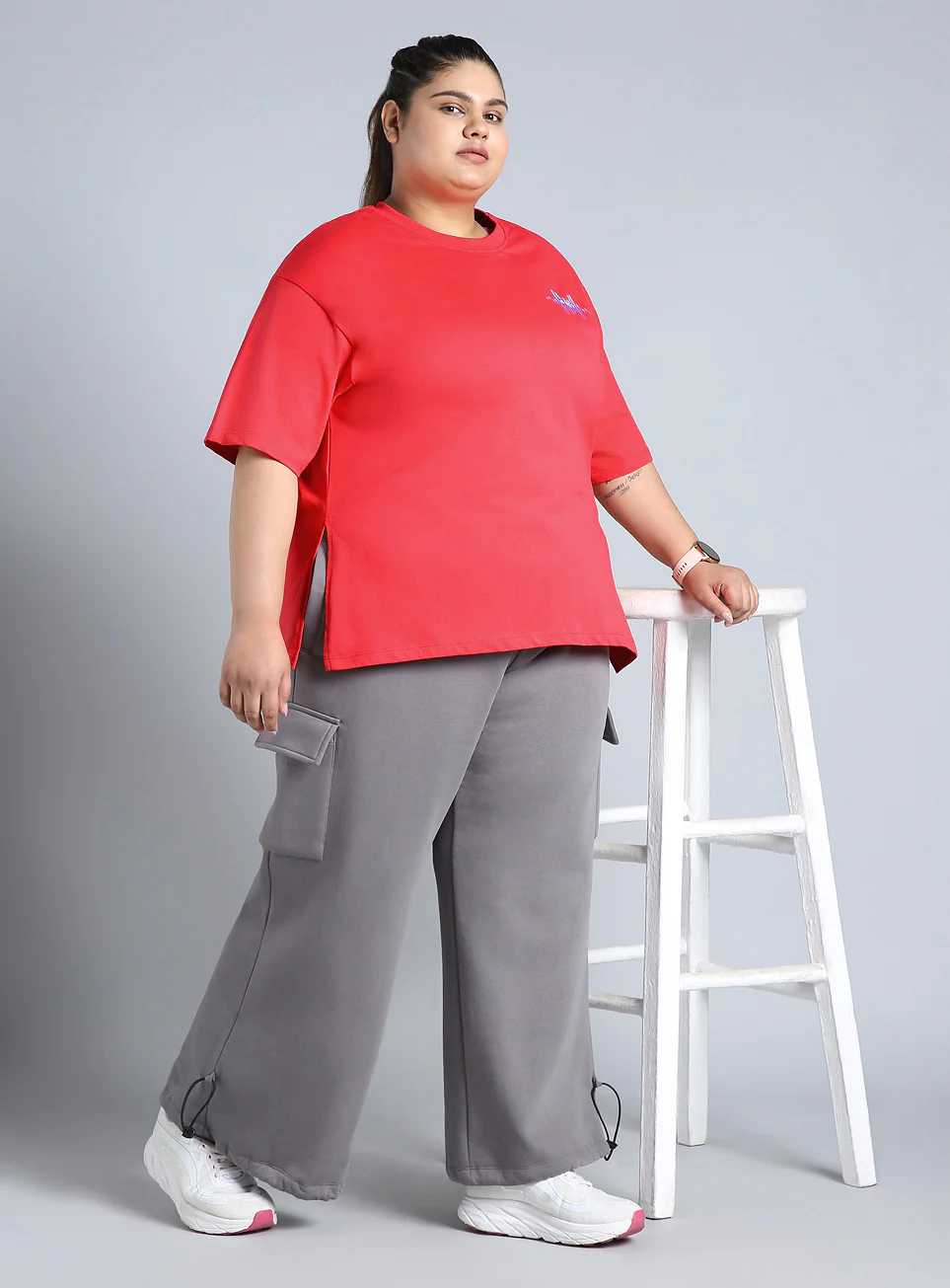 Women's Red Printed Oversized Fit Plus Size T-shirt - Image 3