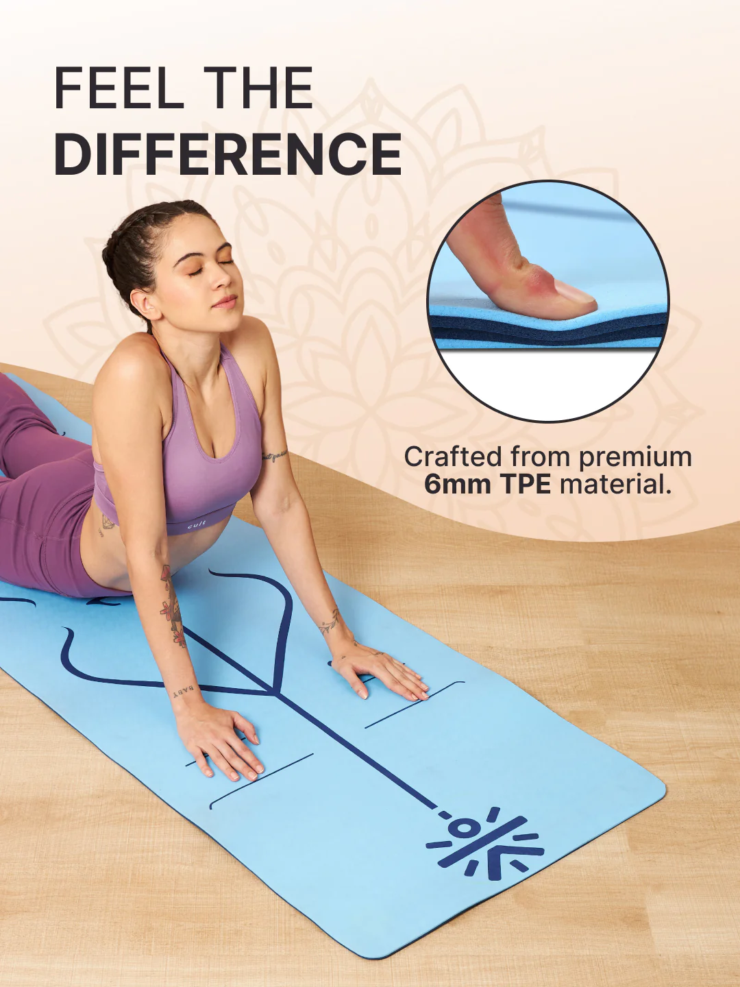 Cult TPE Yoga Mat 6mm Non-Toxic, Latex-Free, Eco-Friendly, Tear-Resistant, Non-Slip Exercise Mat with Extra Cushioning , Carry Strap and Bag Ideal for Yoga, Pilates, Meditation & Fitness - Blue with Alignment Marking - Image 5
